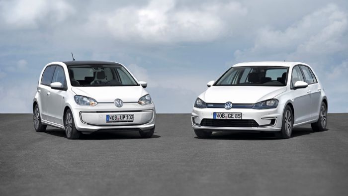 Ο ηλεκτρικός στόλος, έως σήμερα, της Volkswagen, με το e-Up! και το e-Golf.