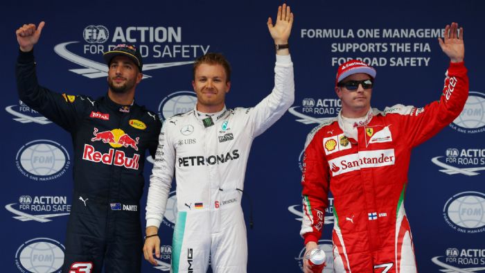 Οι τρεις πρώτοι, Rosberg, Ricciardo και Raikkonen, στις σημερινές κατατακτήριες δοκιμές, στην καθιερωμένη φωτογράφηση.