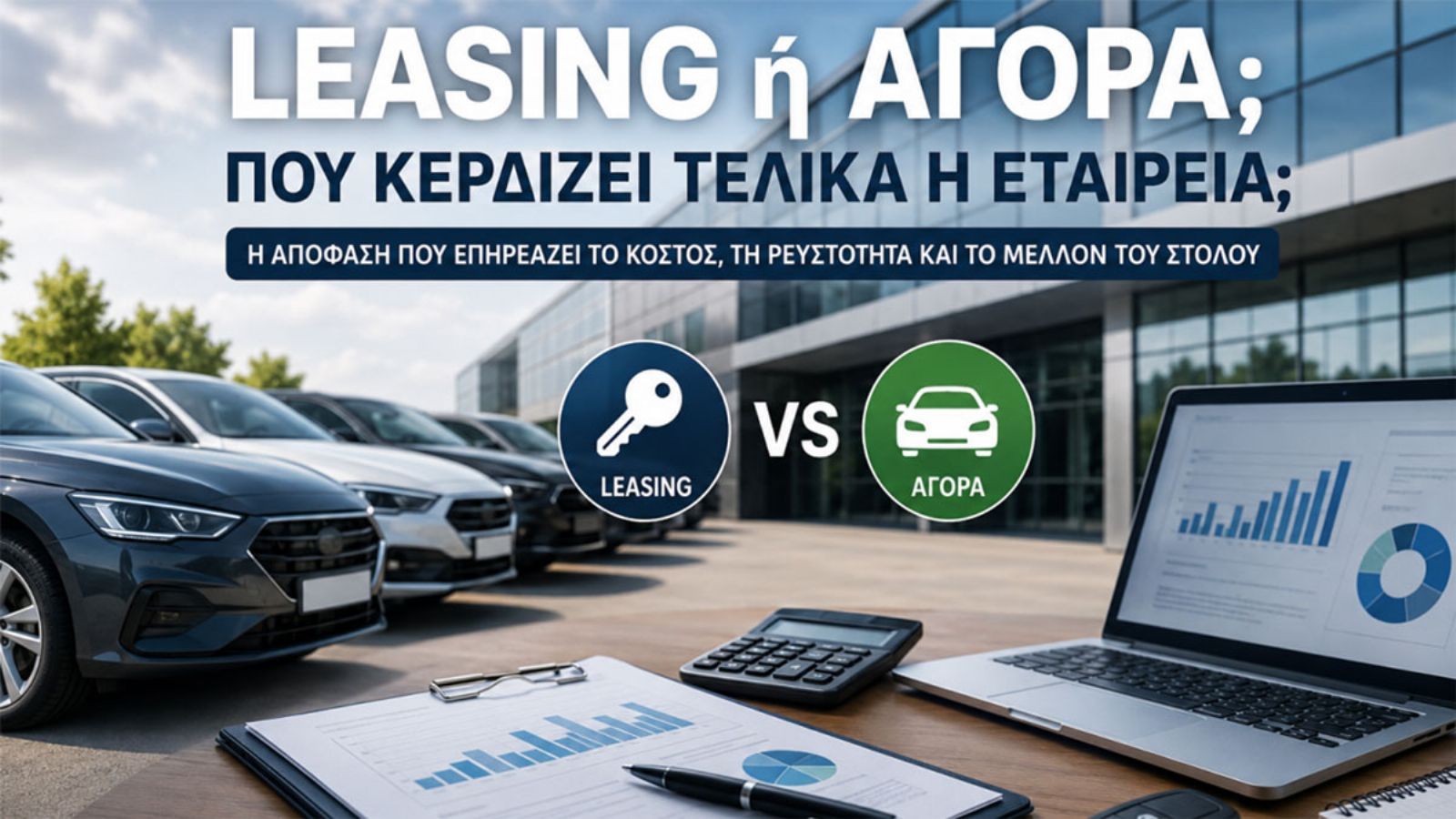 Στόλος σύγχρονων εταιρικών αυτοκινήτων leasing σταθμευμένων έξω από κτίριο γραφείων.