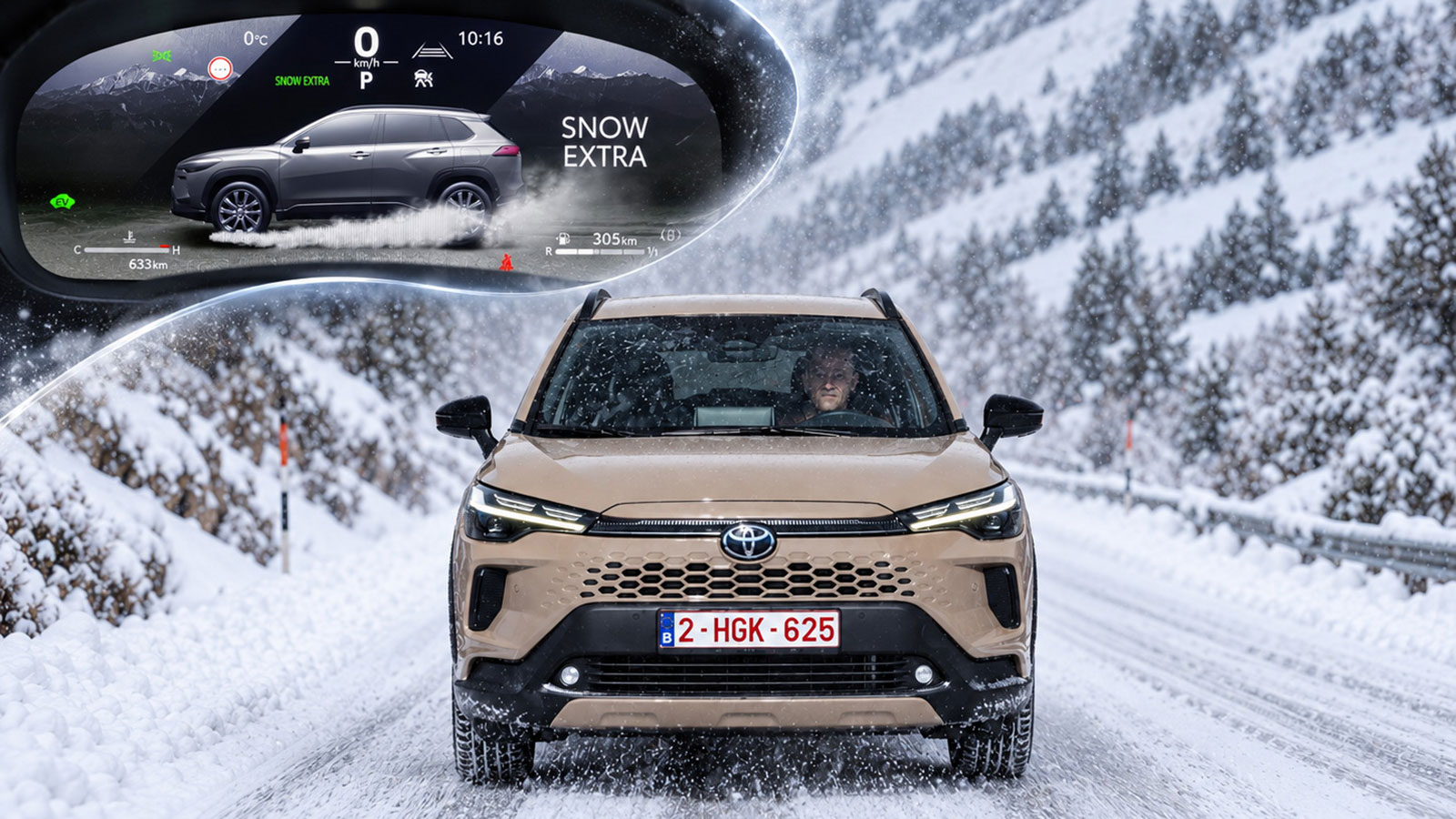 Toyota Corolla Cross σε κίνηση στο χιόνι με λειτουργία Snow Extra