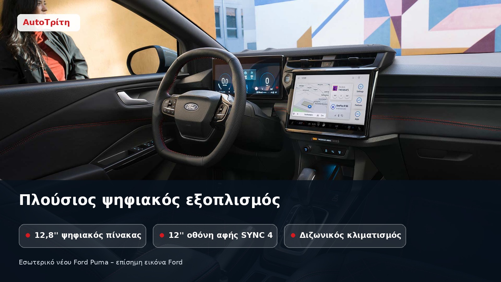 Εσωτερικό νέου Ford Puma με ψηφιακό πίνακα και μεγάλη οθόνη αφής