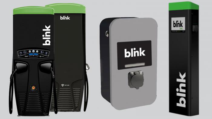 Γκάμα ηλεκτρικών φορτιστών της Blink. Σταθμοί υπερταχείας φόρτισης με 50 kW, wallbox με 22 kW και επιδαπέδιοι με 44 kW και δύο πρίζες (από 22 kW η κάθε μία).  