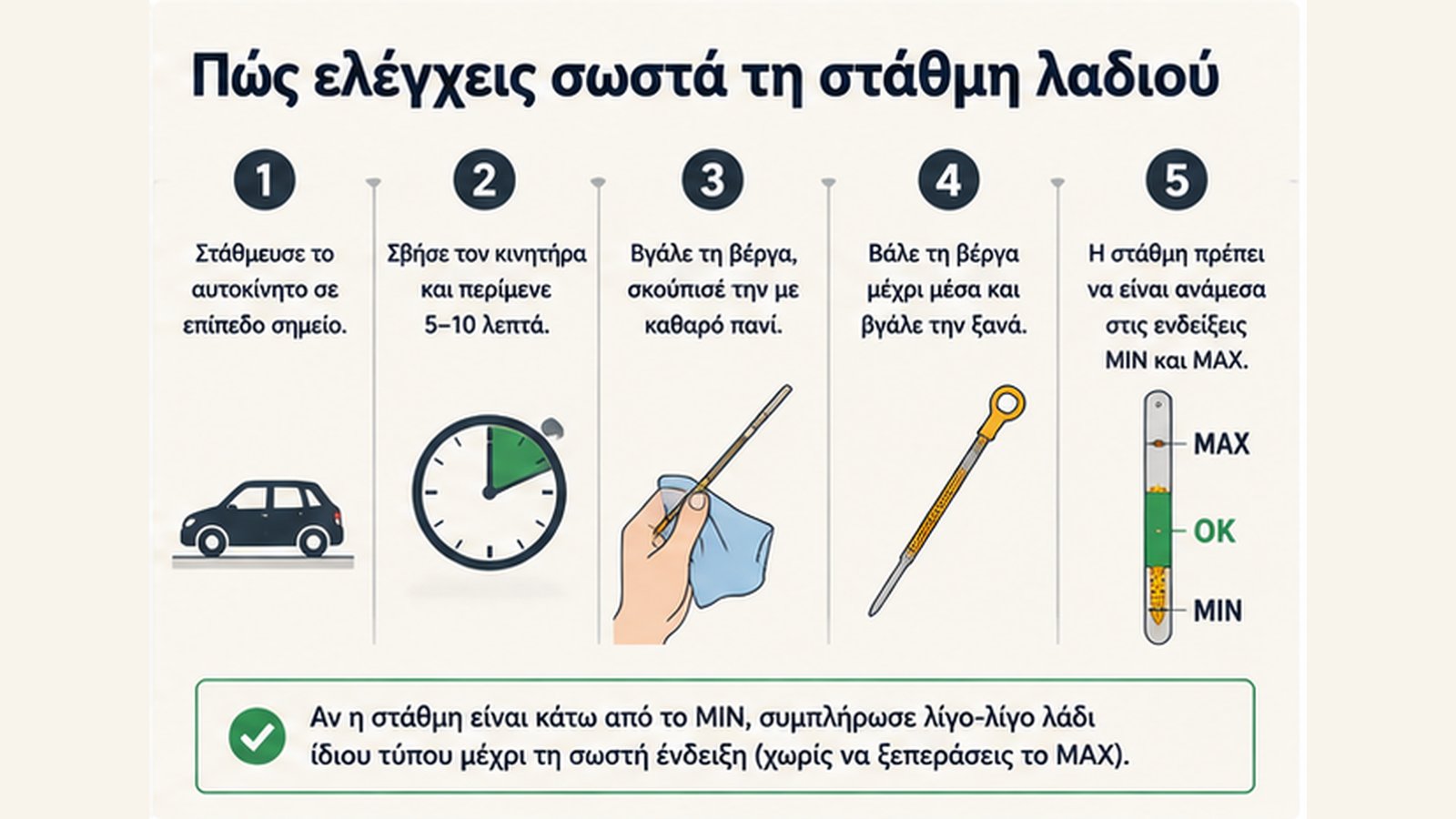 Οδηγός ελέγχει τη στάθμη λαδιού κινητήρα με τη βέργα