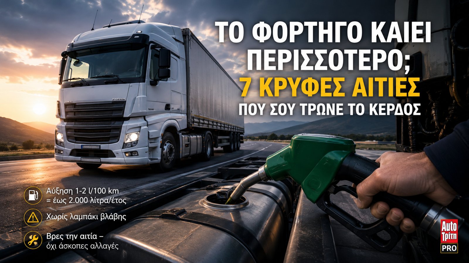 Βαρύ φορτηγό σε εθνική οδό για άρθρο σχετικά με αυξημένη κατανάλωση καυσίμου.