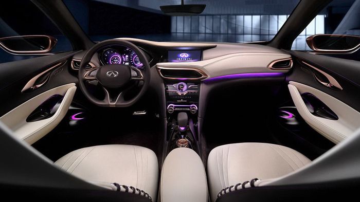 Tα πολλά φουτουριστικά στοιχεία στο εσωτερικό του Q30 είναι προϊόν και των σχεδιαστικών πρωτοτύπων, που κατά καιρούς παρουσίασε η Infiniti, όπως τα Es
