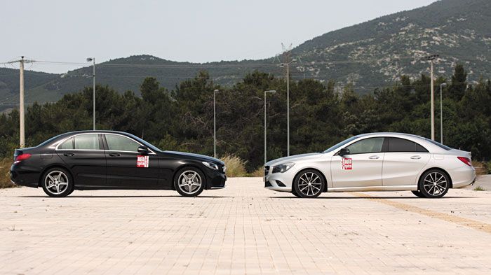 Πιο ρευστές γραμμές και με οροφή που κλίνει λιγότερο κάθετα για την 4θυρη κουπέ CLA (δεξιά), έναντι της πιο εκλεπτυσμένης και κομψής C-Class (δεξιά). 
