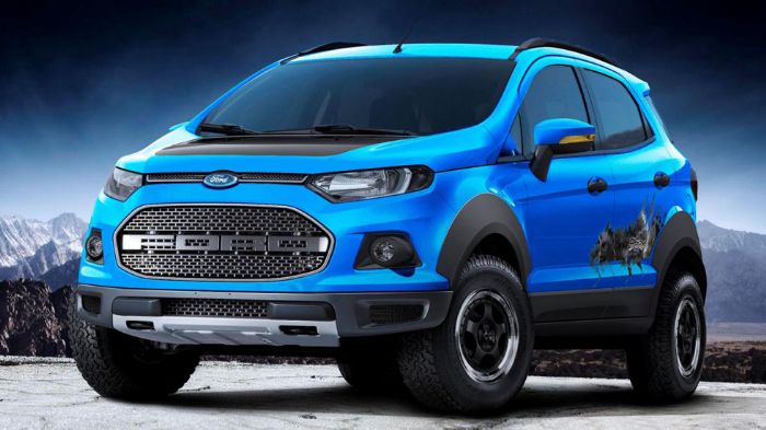 Tο EcoSport Storm πατά σε 15άρες ζάντες αλουμινίου με off road ελαστικά, ενώ η εξωτερική του απόχρωση είναι σε βαθύ μπλε ή γαλάζιο με γκράφιτι στο πλά