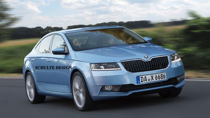 Στην όψη, η επόμενη γενιά της Skoda Superb του 2016 (ψηφιακά επεξεργασμένη φωτό), μοιάζει σαν να συνεχίζει από εκεί που σταμάτησαν τα Rapid και Octavi