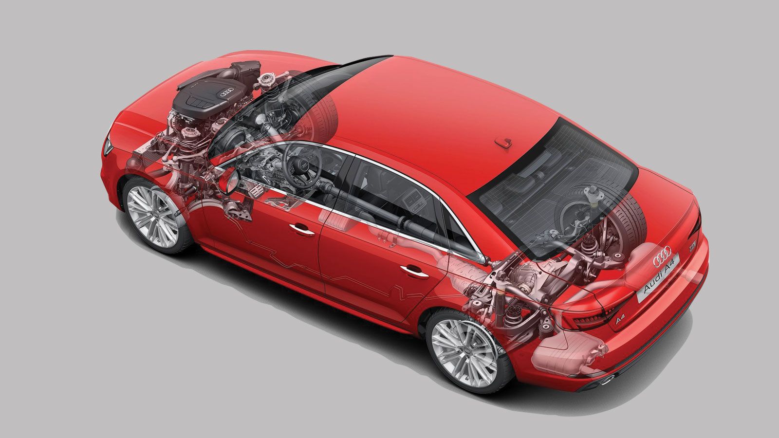 Το Audi A4 πατάει στην νέα πλατφόρμα MLB του VW Group. Η στρεπτική του ακαμψία συγκρίνεται με αυτήν της 3άρας, είναι πιο ελαφρύ σε βάρος, ενώ ιδιαίτερ