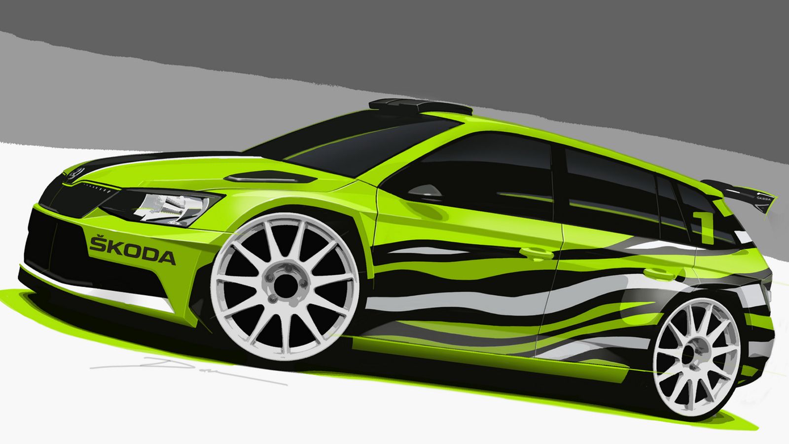 Το αγωνιστικό station, η Skoda Fabia R5 Combi, φέρει ένα πράσινο, άσπρο και μαύρο «κοστούμι», ενώ πατά σε τροχούς 18 ιντσών. 