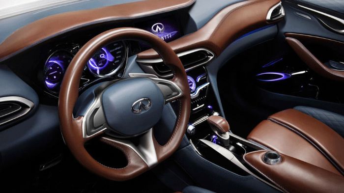 Εσωτερικά στο QX30 ξεχωρίζουν οι δίχρωμες δερμάτινες επενδύσεις, ο φωτισμός LED της καμπίνας, το σπορτίφ τιμόνι με το επίπεδο κάτω μέρος και οι μεταλλ