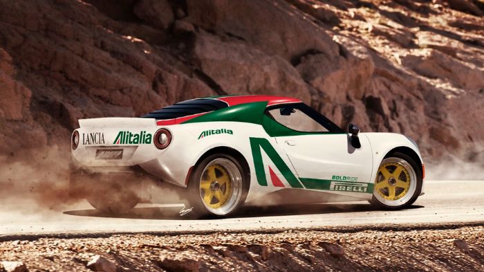 Για να κάνουν πιο εύκολους του συνειρμούς, οι καλλιτέχνες έντυσαν την 4C με το «κοστούμι» της Alitalia, με το οποίο η Stratos θριάμβευσε στο WRC του 1