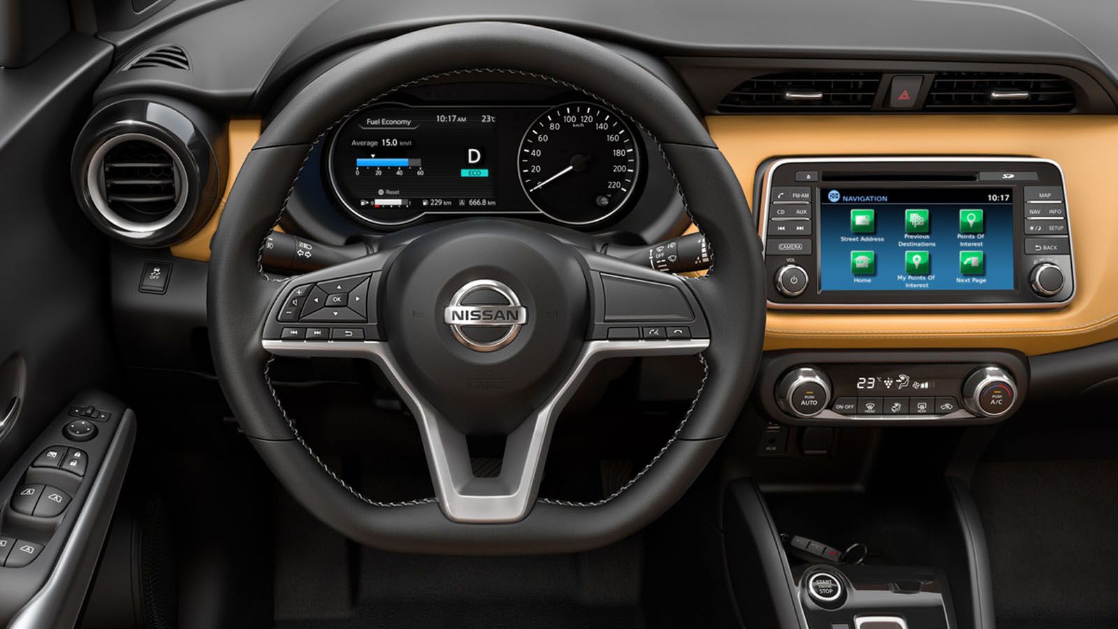 Το τριάκτινο τιμόνι με το επίπεδο κάτω τμήμα δίνει μια σπορ νότα στο μικρό SUV.