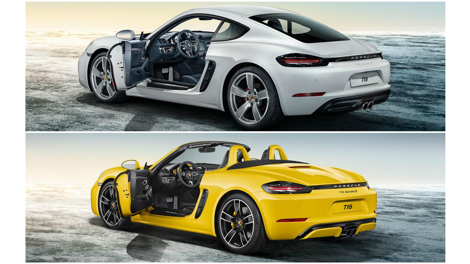 Κίτρινη – μαύρη η 718 Boxster της Porsche Exclusive, λευκή – ασημί η 718 Cayman. Οι αναβαθμίσεις έχουν παρόμοια λογική.