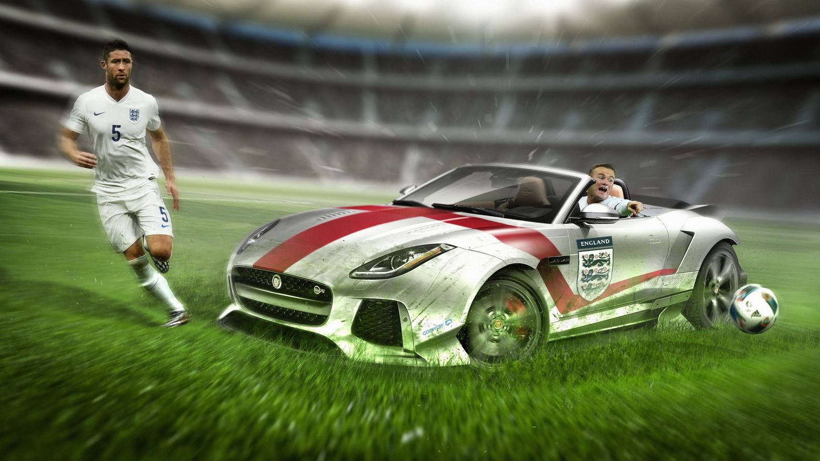 Πίσω από το τιμόνι της Jaguar F-Type SVR, βρίσκεται –ποιος άλλος;- ο Wayne Rooney, ενώ δίπλα στο αμάξι ποζάρει το center-back της Chelsea, Gary 