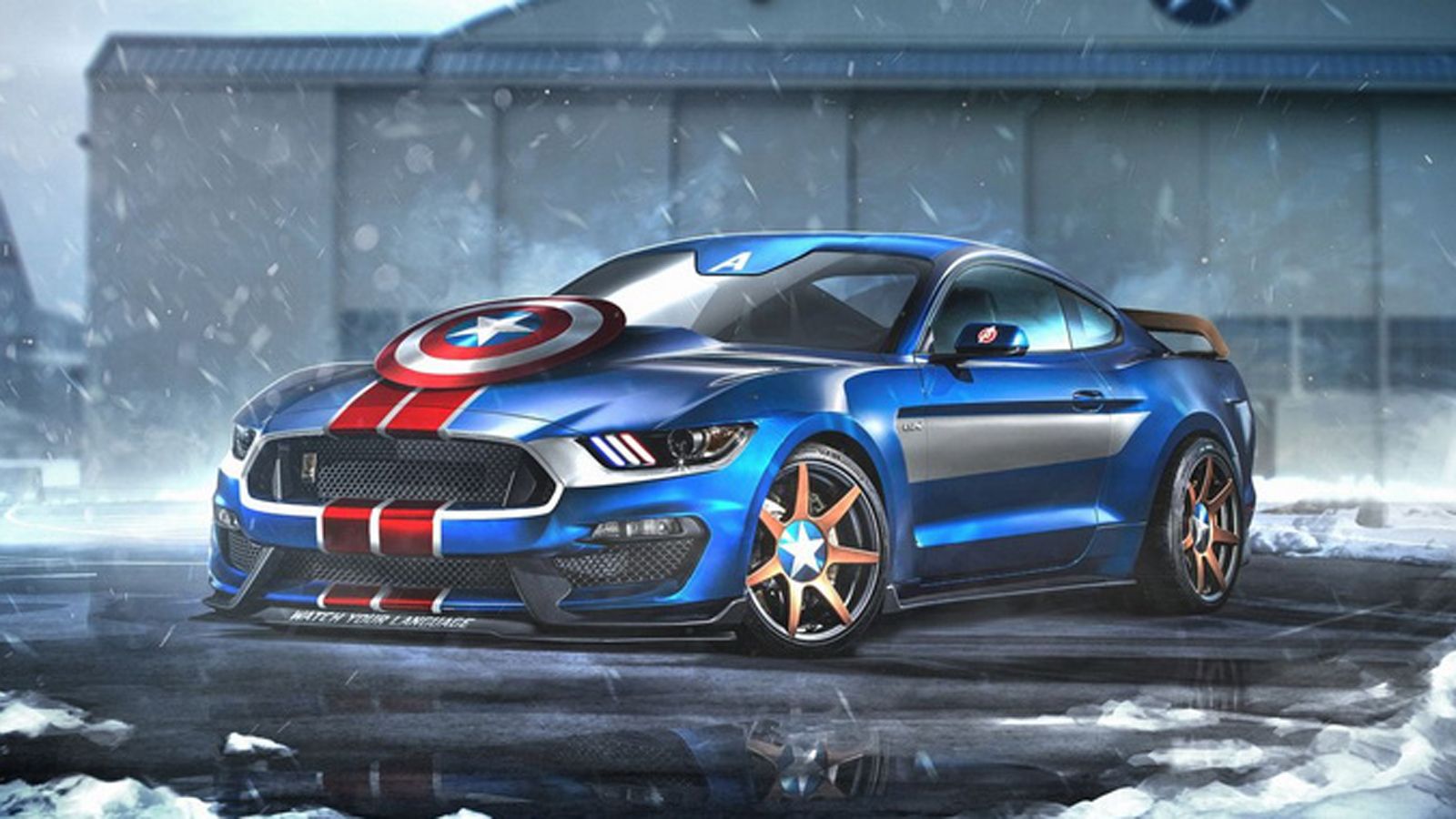 Τίποτα λιγότερο από ένα αμερικάνικο Ford Mustang για τον Captain America, με τον χρωματισμό του στα ίδια χρώματα με την περιβολή του.