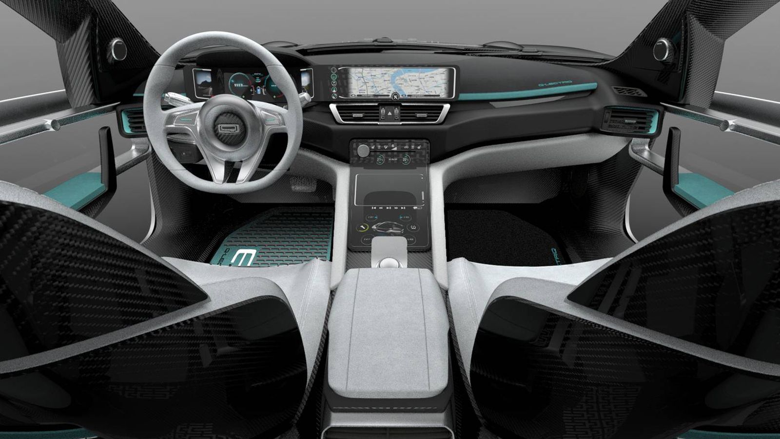 Στο εσωτερικό του είναι ευδιάκριτο το ανθρακονημάτινο σασί ενώ η καμπίνα κυριαρχείται από οθόνες καθώς υπάρχουν τρεις.