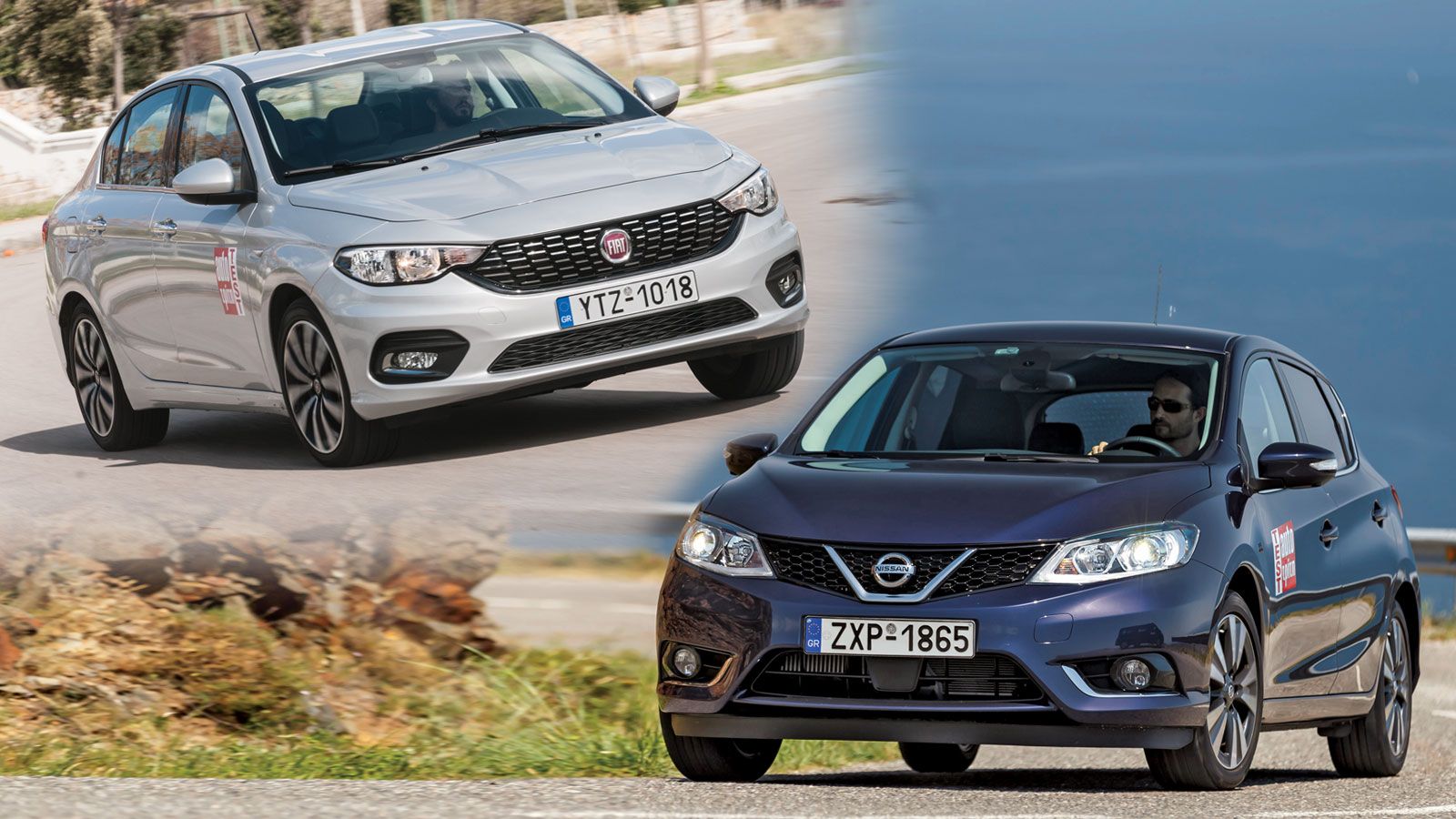 Ο τρίτος όγκος στο Fiat Tipo ακολουθεί αρμονικά και καλαίσθητα το αμάξωμα.
Πιο δυναμικό σε σχεδίαση είναι το μπροστινό μέρος του Nissan Pulsar.