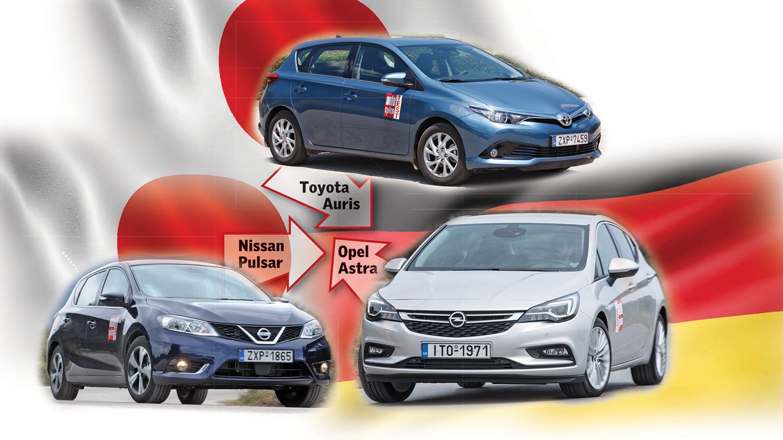 Τα δύο ιαπωνικά μοντέλα, Toyota Auris και Nissan Pulsar, επιτίθενται στο γερμανικό Best Seller, Opel Astra, και όλα αυτά στις εκδόσεις με τους μικρού