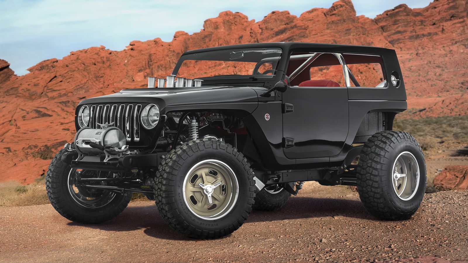 Το Jeep Quicksand είναι η φετινή πιο ακραία παραλλαγή του Wrangler. Θυμίζει ένα δυνατό hot rod όχημα, καθώς κάτω από το καπό του κρύβει τον Mopar 392 