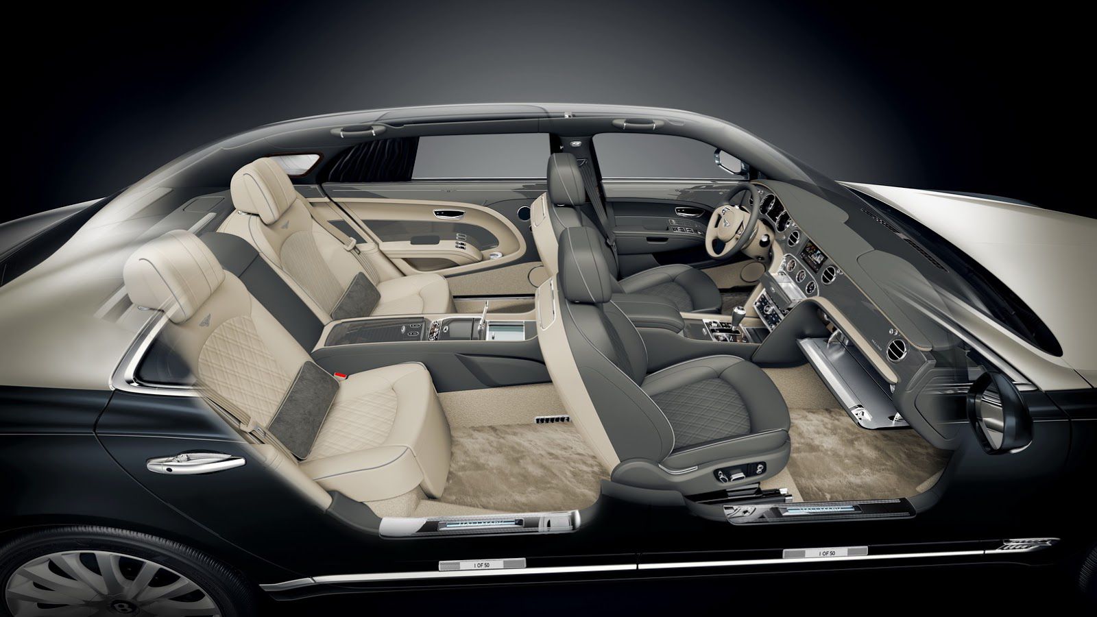 Στο εσωτερικό της Mulsanne Hallmark Series by Mulliner συναντάμε διαφορετικής απόχρωσης εμπρός και πίσω καθίσματα. Το παρόν δίνουν τα ασημί ή χρυσά σή