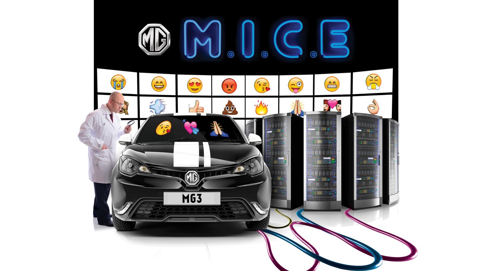 Με τα emojis ασχολήθηκε η MG, δημιουργώντας την τεχνολογία MG Inter-Car Emoji (MICE), με την οποία μέσω προβολών LED στα εμπρός και πίσω παρμπρίζ, δεί