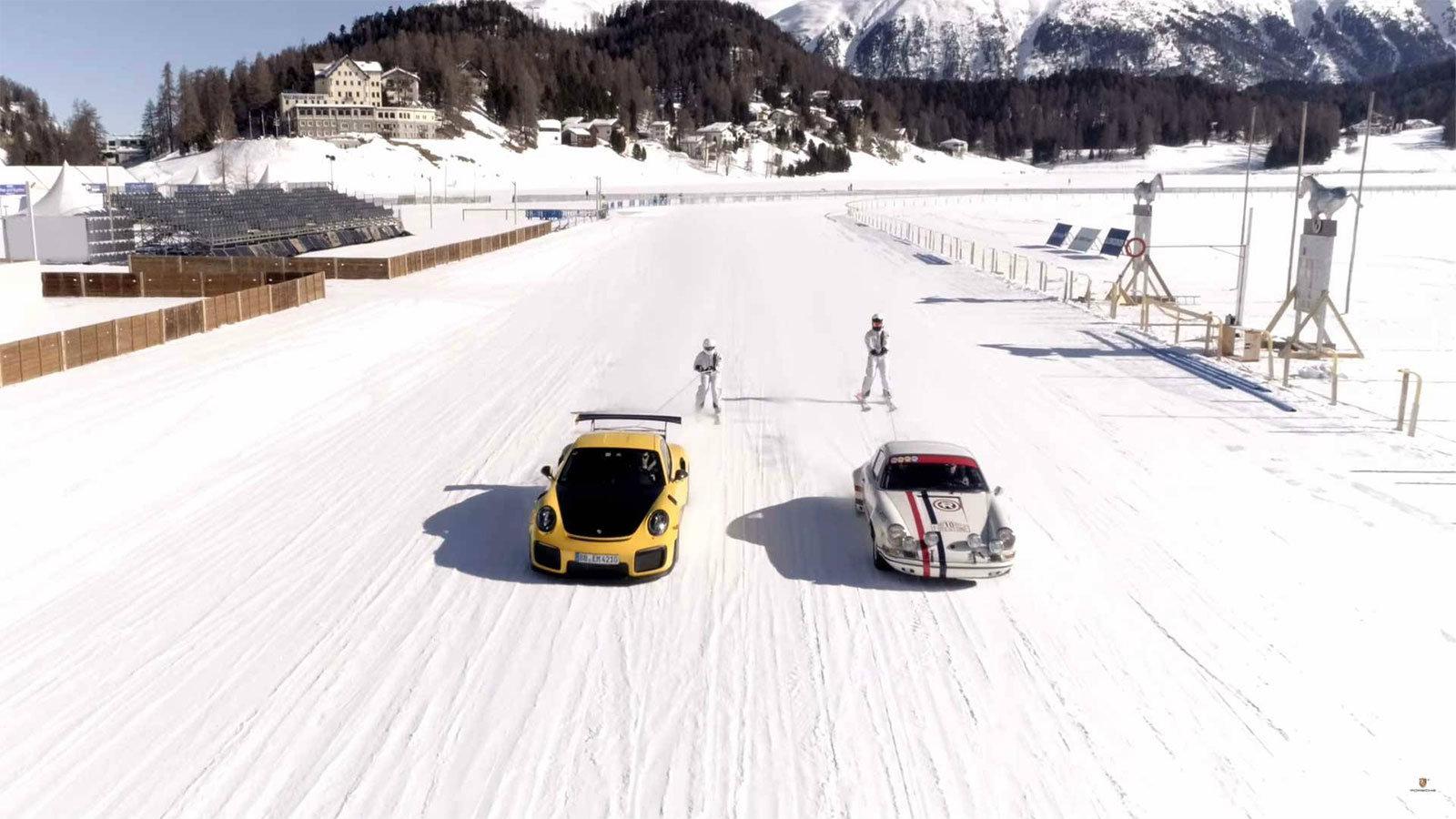 Μία κλασική Porsche 911 S και μια νέα 911 GT2 RS συναντήθηκαν στην χιονισμένη και παγωμένη λίμνη του St. Moritz.