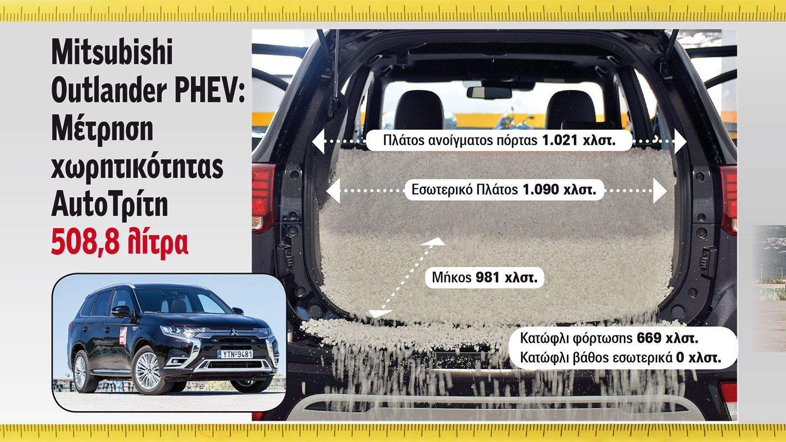 Ο  χώρος αποσκευών του Outlander PHEV, λόγω των μπαταριών και των έξτρα θηκών περιορίζεται στα 508,8 λτ.. 