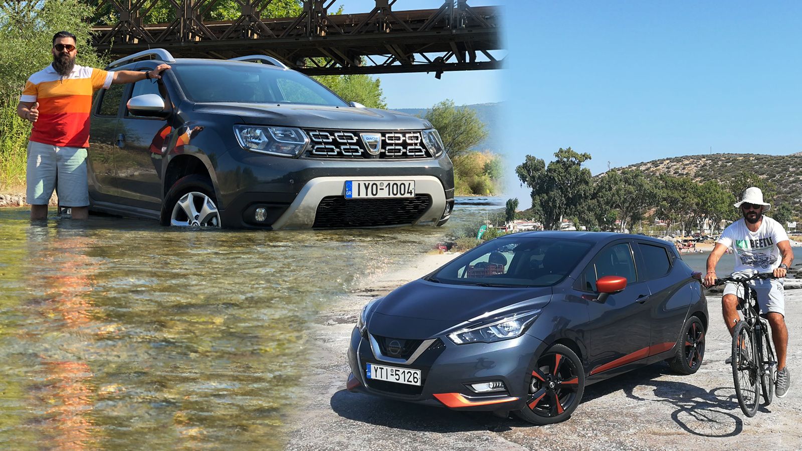 Οι Γιάννης Σκανδάλης (αριστερά) και Κώστας Μήτσου (δεξιά) σε καλοκαιρινό mood διακοπών δίπλα στα Dacia Duster και Nissan Micra, αντίστοιχα.