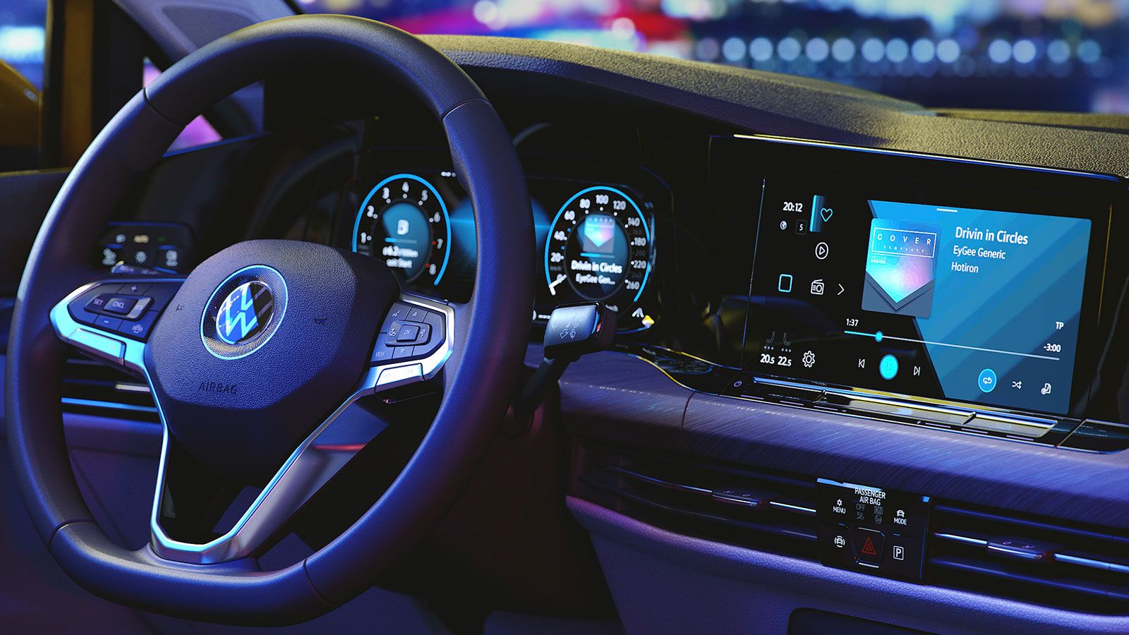 To full digital εσωτερικό στο νέο Golf ονομάζεται Innovision cockpit και περιλαμβάνει τον ψηφιακό πίνακα οργάνων και την οθόνη αφής του «Composition M