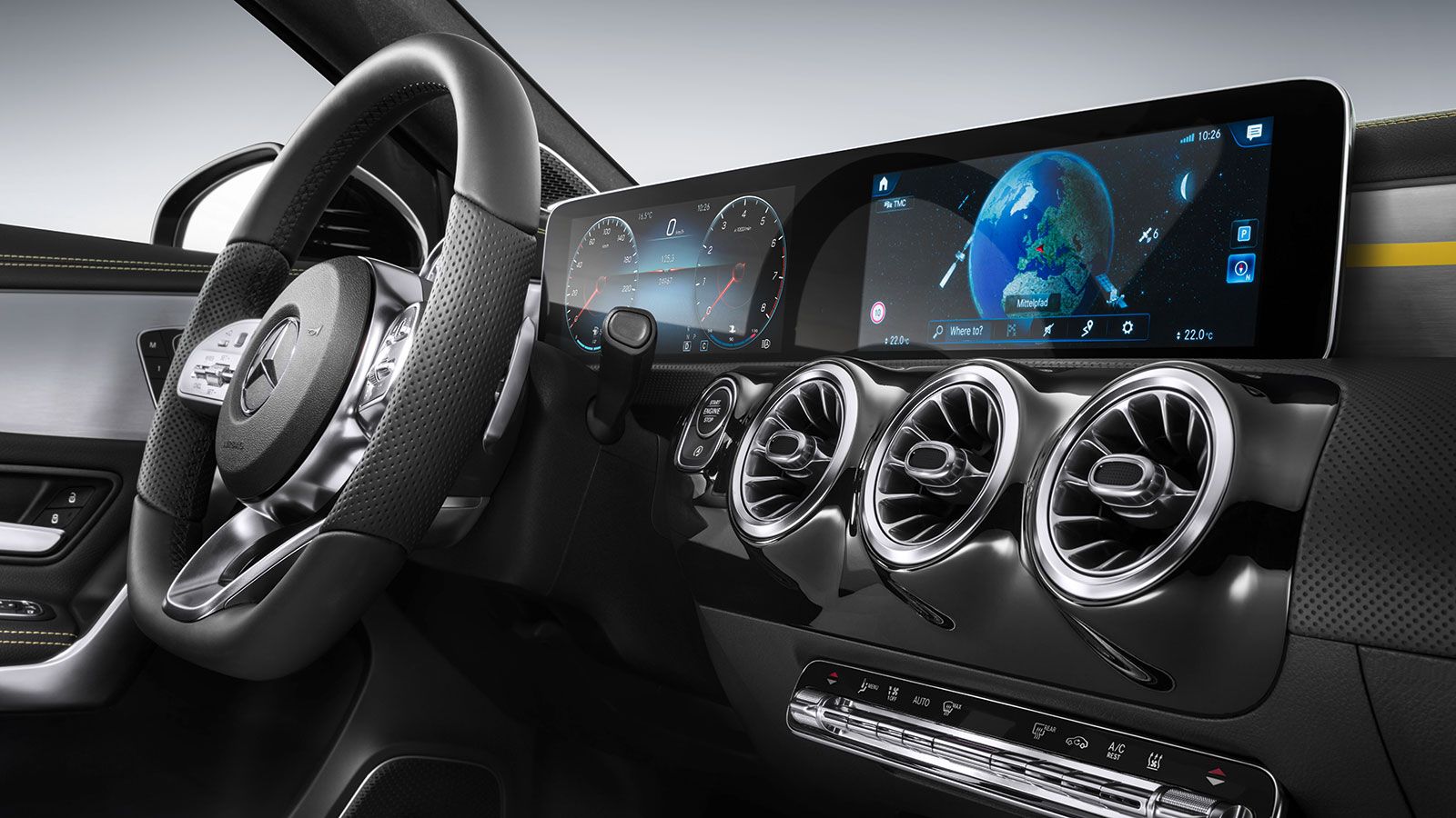 Στην A-Class οι δύο οθόνες του infotainment και ο πίνακας οργάνων βρίσκονται σε σειριακή διάταξη, σχηματίζοντας ένα ενιαίο πάνελ.	