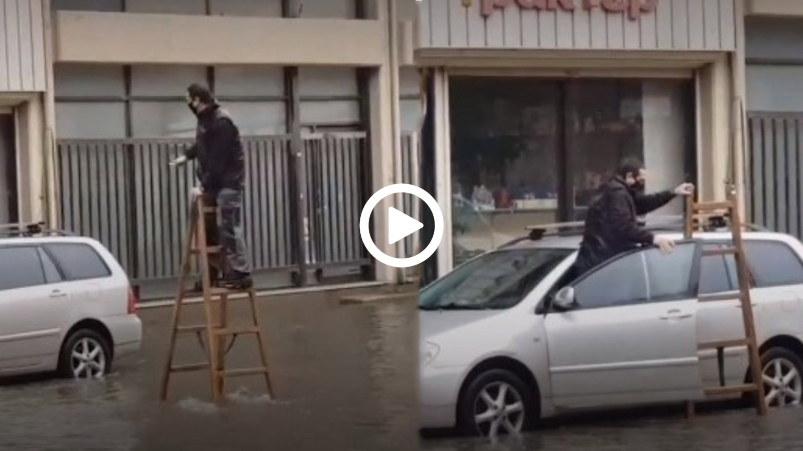 Περπάτησε στην πλημμύρα με σκάλα για να μπει στο αυτοκίνητο 