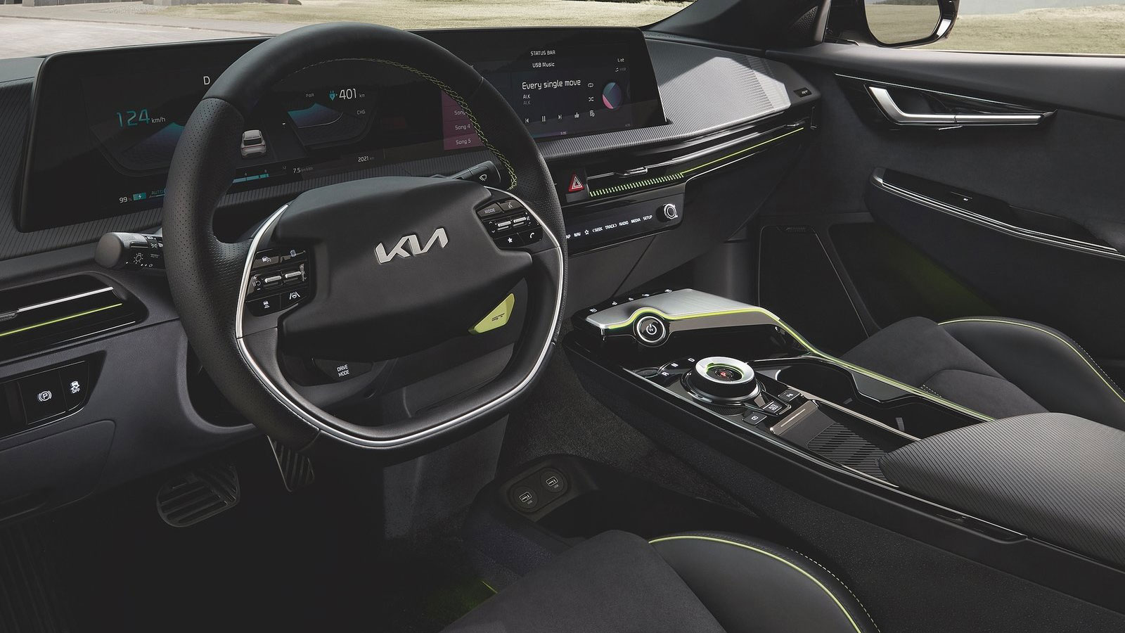 Μίνιμαλ, hi-tech και ποιοτική η καμπίνα του EV6 που προσφέρει άπλετους χώρους για τους επιβάτες, καθώς το μεταξόνιο του είναι 2,99 μέτρα, ήτοι 86 χλστ