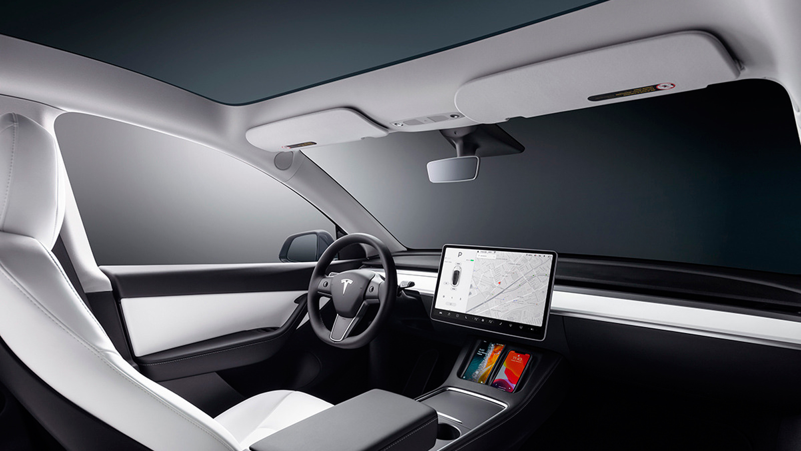 Στην καμπίνα του Tesla Model Y κυριαρχεί η κορυφαία σε ευκρίνεια και απόκριση οθόνη αφής 15 ιντσώνί μιας και είναι η ουσία σε ένα λιτής σχεδίασης ταμπ