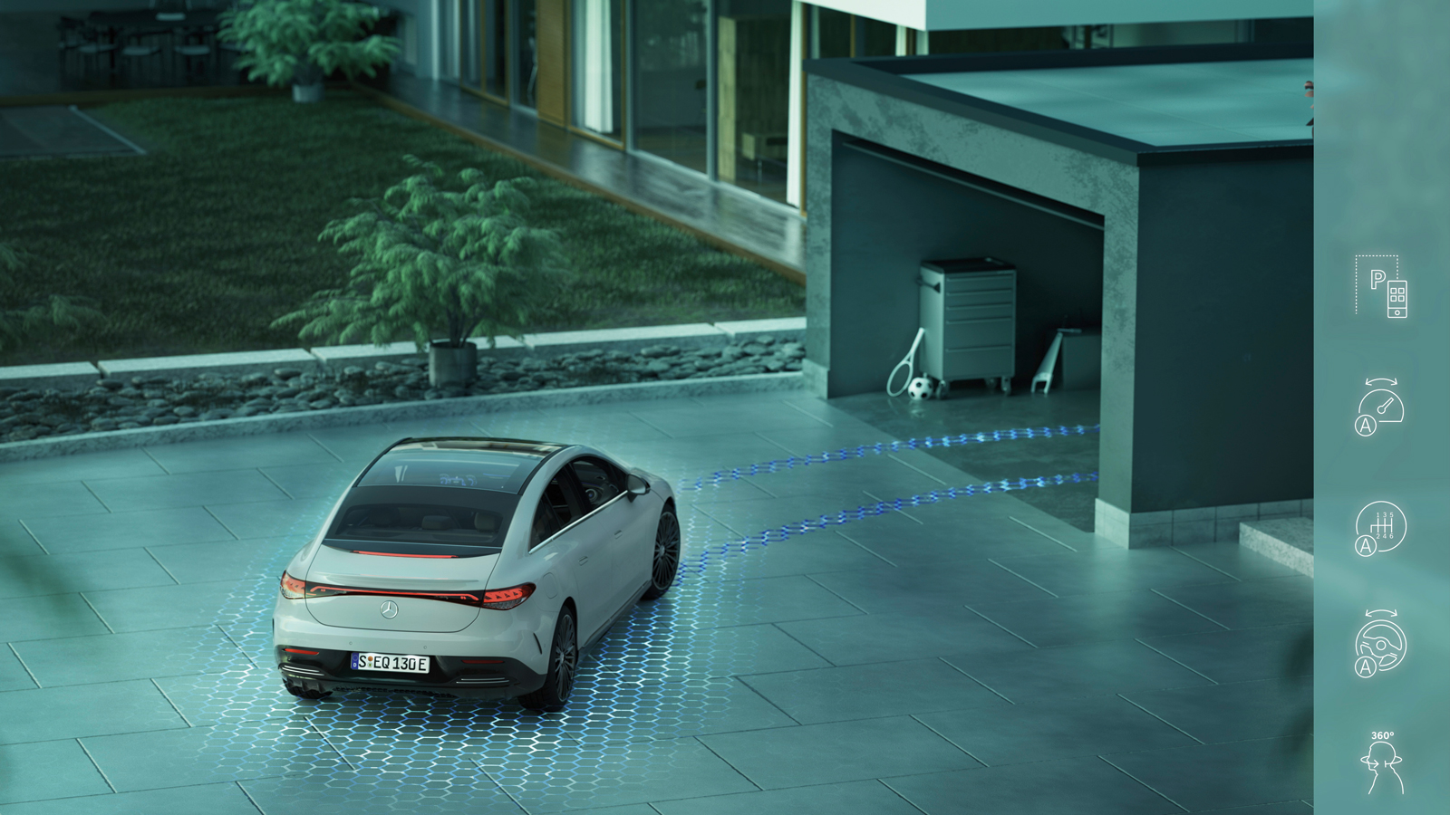 Με την υπηρεσία Memory Parking Assist η EQE απομνημονεύει θέσεις στάθμευσης, όπως το οικιακό γκαράζ και «ρωτά» τον οδηγό αν θέλει να ακολουθήσει μία σ