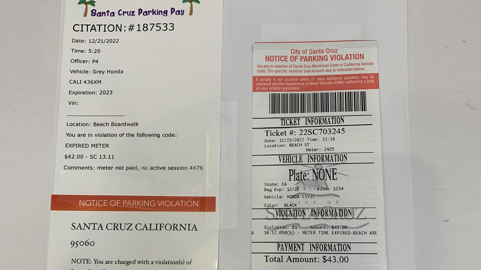 Η αστυνομία της Santa Cruz δημοσίευσε φωτογραφίες μιας πλαστής κλήσης (αριστερά) για παράνομη στάθμευση δίπλα σε μία αληθινή (δεξιά), προκειμένου να π