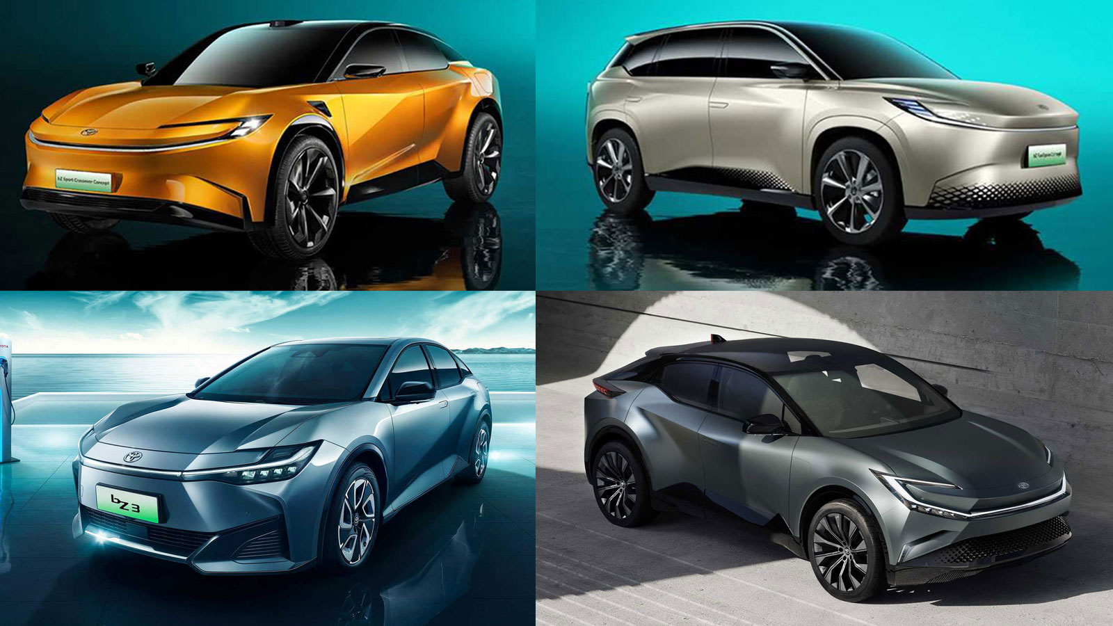 Tα Toyota bZ Sport Crossover και bZ FlexSpace (στις δύο θέσεις ψηλά), το bZ3 (αριστερά κάτω) και το bZ Compact SUV Concept (δεξιά κάτω) στο οποίο πρόκ