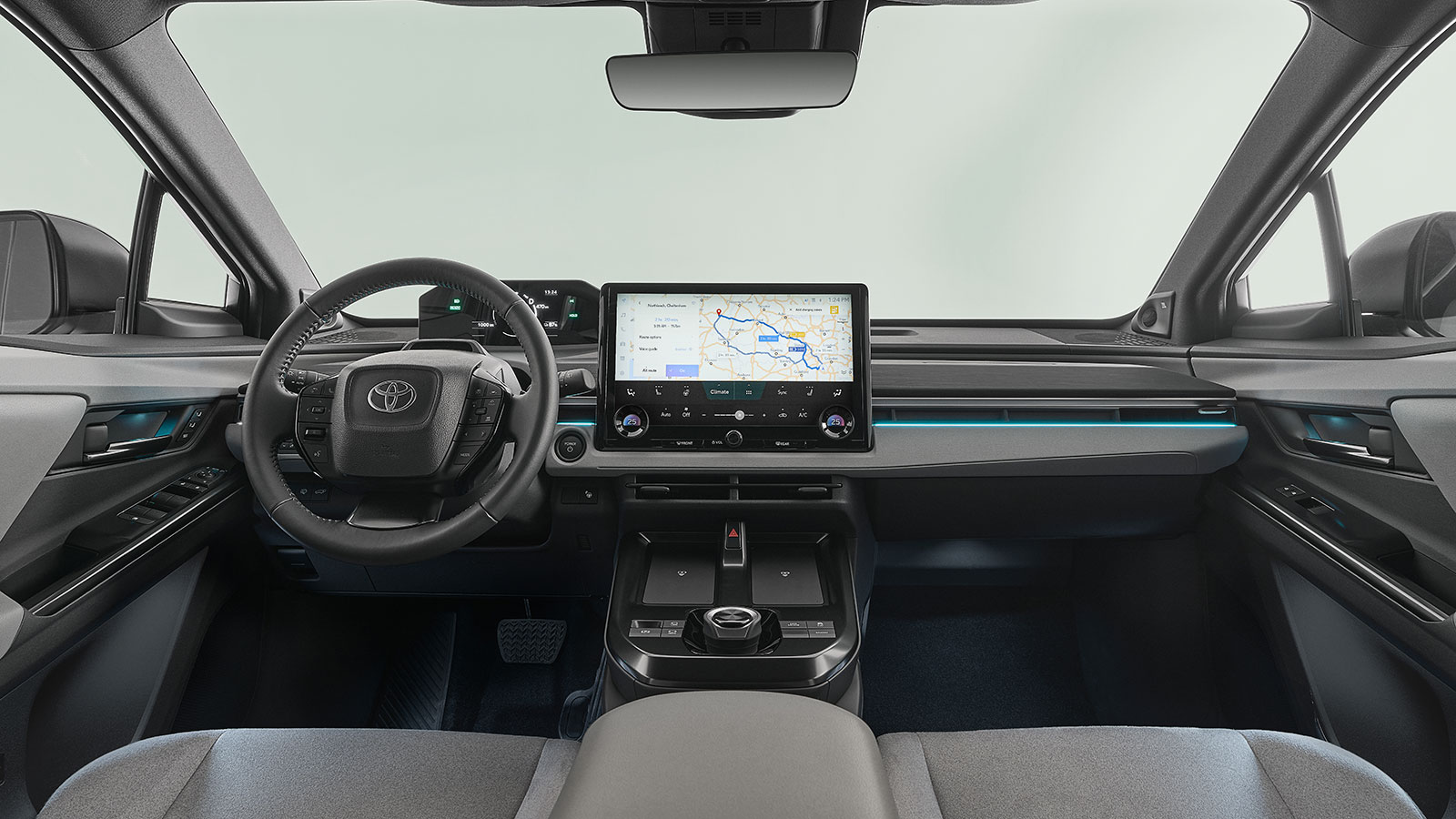 Μοντέρνα και μίνιμαλ καμπίνα με -στάνταρ- οθόνη 14 ιντσών και δυνατότητα για 2 ασύρματες θήκες φόρτισης smartphone.