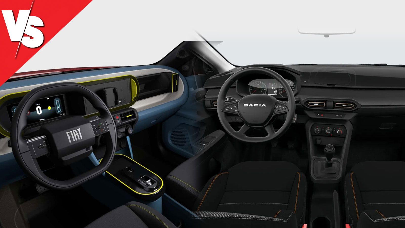 Εσωτερικό των Fiat Grande Panda και Dacia Sandero Steway δίπλα-δίπλα.