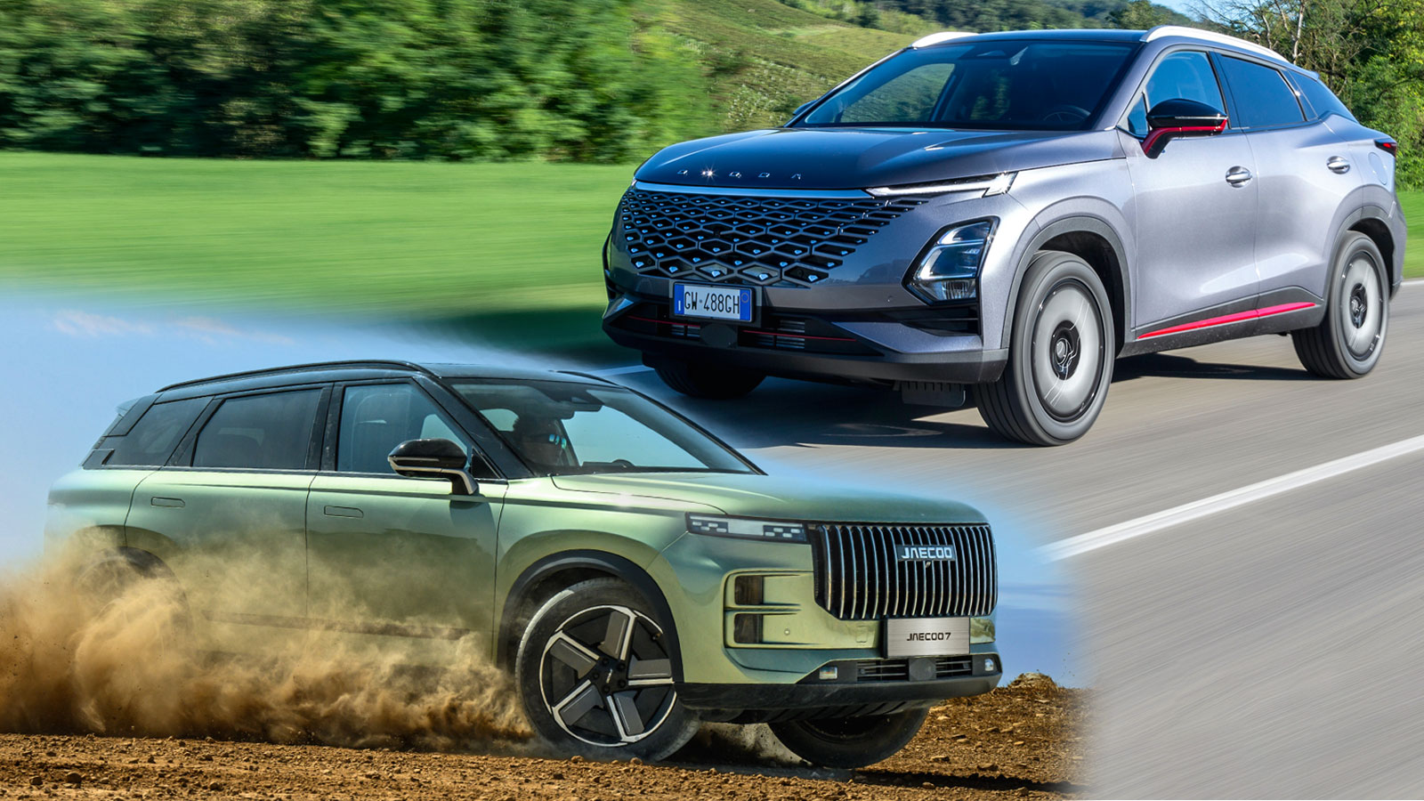 Έως 3.500 ευρώ όφελος για το compact οικογενειακό SUV Omoda 5 (δεξιά στη φωτο) και έως 3.000 ευρώ για το Jaecoo 7 (αριστερά) με το τετραγωνισμένο στιλ