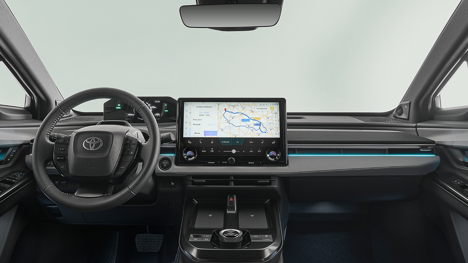 Η εικόνα στο εσωτερικό του νέου Toyota C-HR+ είναι όμορφη και σύγχρονη με καθαρές επιφάνειες. Ο εξοπλισμός είναι πλήρης ενώ ο high-tech αέρας του συμπ