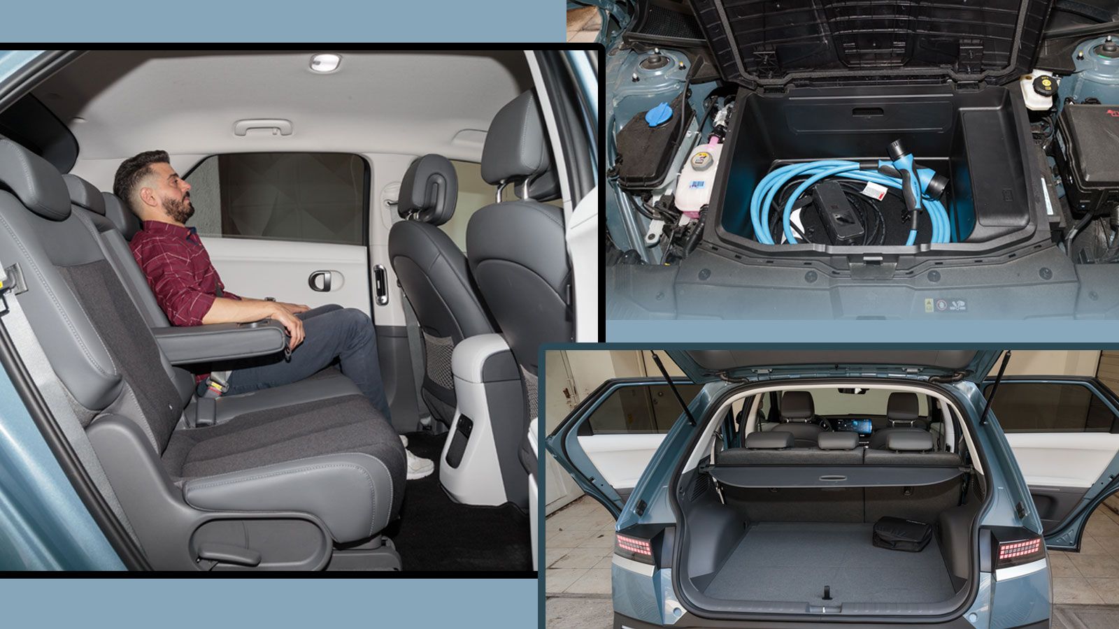 Το φαρδύ πίσω κάθισμα (145 εκ.) και ο μπόλικος «αέρας» για πόδια και κεφάλι θα βολέψουν τους πίσω επιβάτες του Ioniq 5. Μεγάλος είναι και ο χώρος αποσ