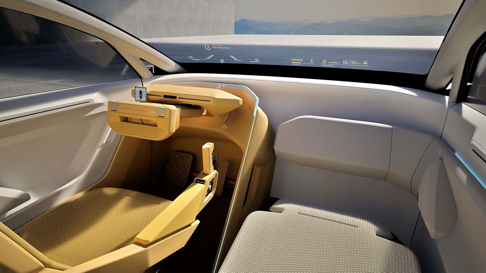 Φουτουριστικό εσωτερικό με τιμόνι, joystick και head-up display επαυξημένης πραγματικότητας.