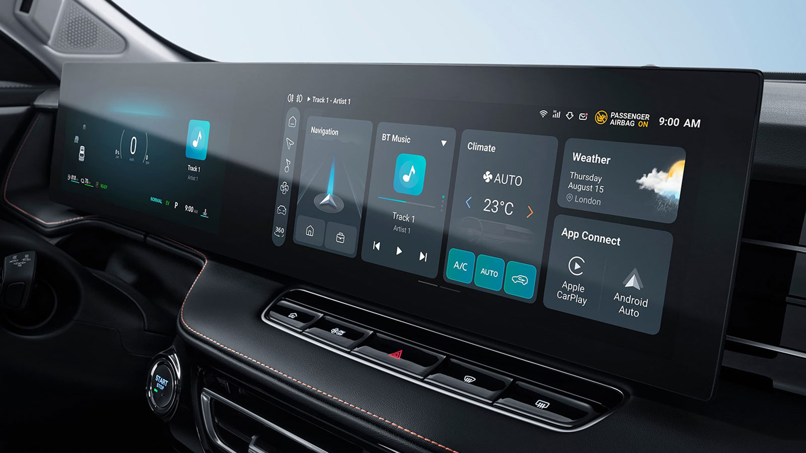 Στο εσωτερικό του HS ξεχωρίζουν οι δύο οθόνες 12,3 ιντσών που ενσωματώνονται σε ένα ενιαίο πλαίσιο. 