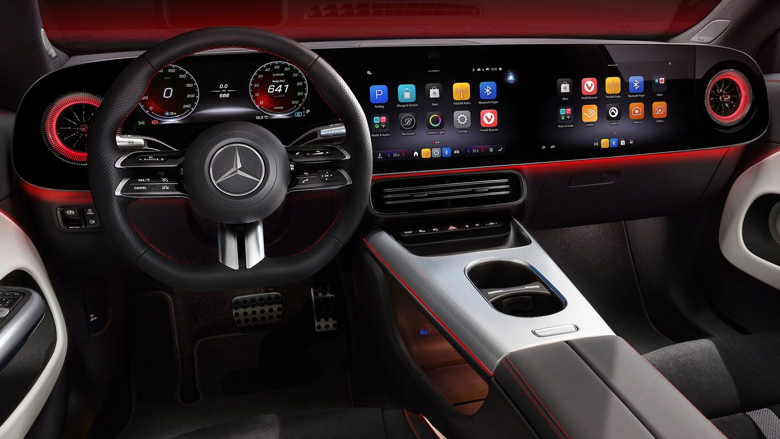 Στο υπερπολυτελές εσωτερικό της νέας Mercedes CLA δεσπόζει η MBUX Superscreen, ένα οικοσύστημα τριών οθονών για πίνακα οργάνων (10,25 ιντσών), infotai