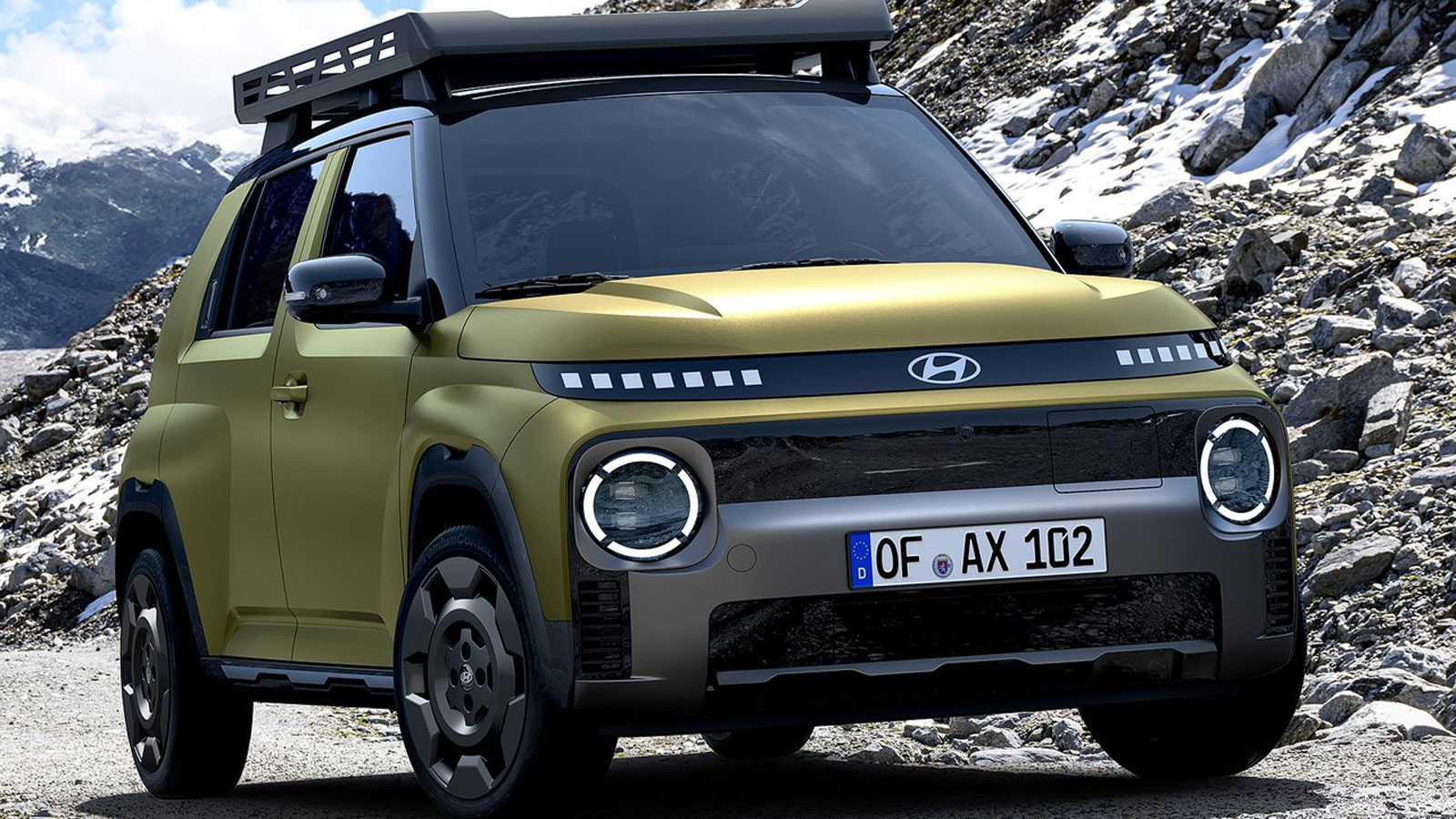 Το Hyundai Inster στην κορυφαία έκδοση Cross, φέρει διαφοροποιημένη εξωτερική σχεδίαση, με πιο στιβαρούς προφυλακτήρες μεταλλικές ενισχύσεις, για έξτρ