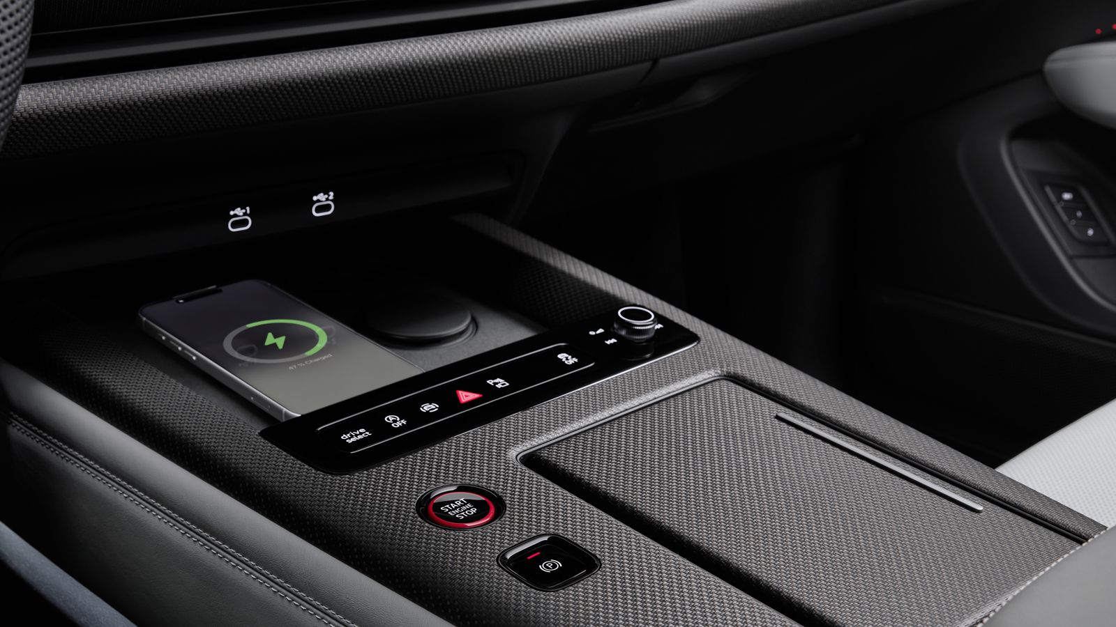 interior, detailed view of center console with wireless charging pad