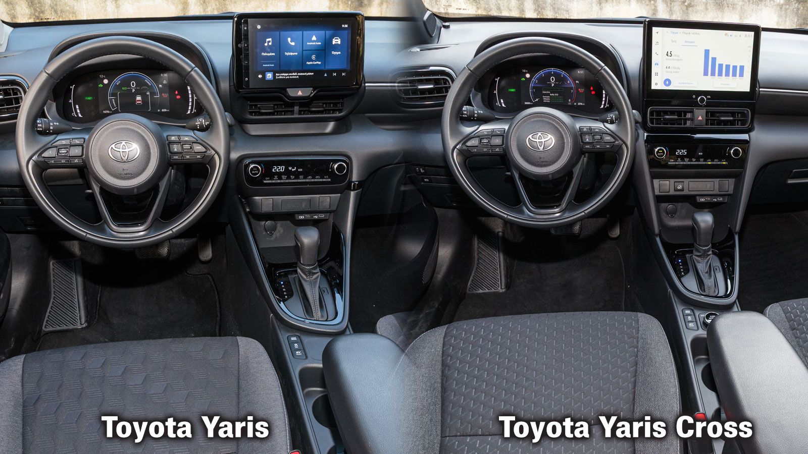 Το εσωτερικό των δύο Yaris δε διαφέρει σε εικόνα και ο εξοπλισμός είναι πλήρης από τις βασικές τους εκδόσεις με οθόνες αφής 9 ιντσών και άλλα στοιχεία