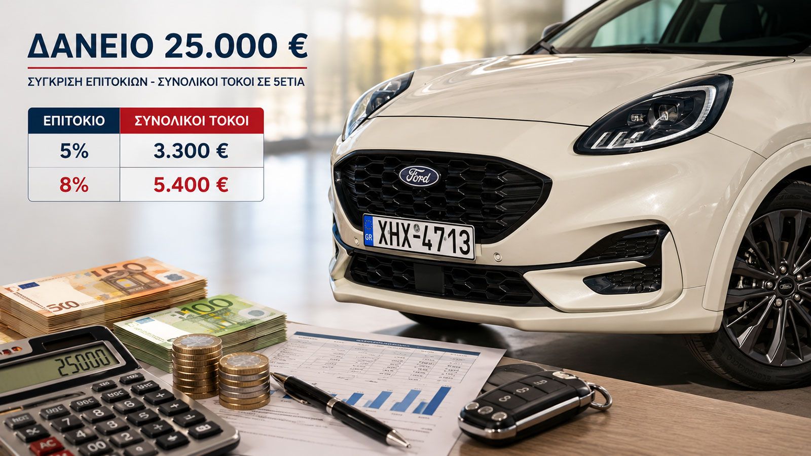 Αν ένας αγοραστής χρηματοδοτήσει 25.000 ευρώ για πέντε χρόνια με ετήσιο ονομαστικό επιτόκιο 8%, το συνολικό ποσό που θα πληρώσει σε τόκους, έξοδα και 
