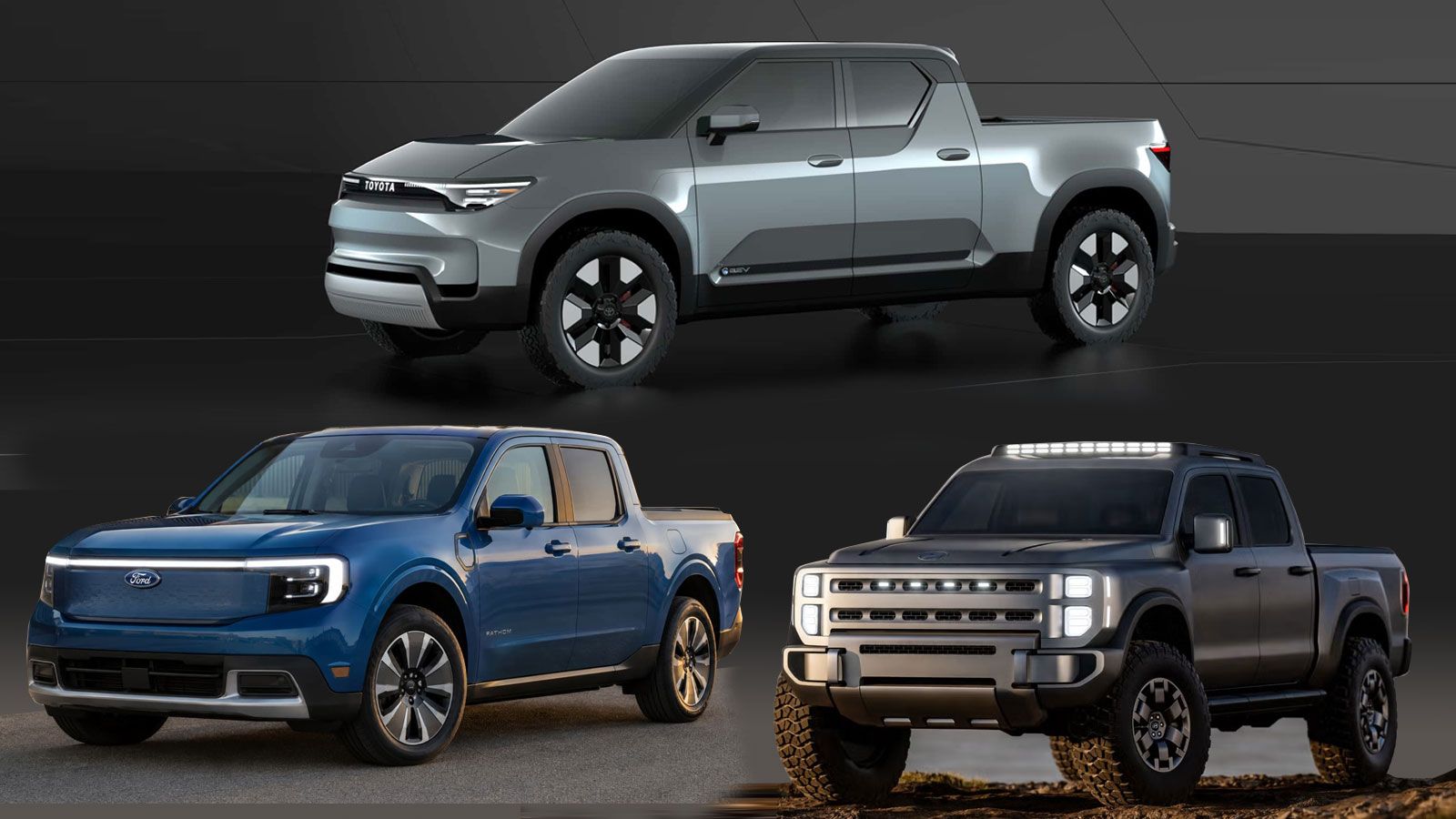μίξη εικόνων για τα μελλοντικά Pick-Ups των Ford Pro, Toyota Professional & Hyundai: Εμπρός ¾ εικόνες σε όλα.